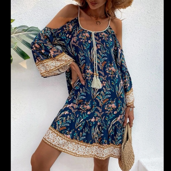 Boho Gypsy Floral Print Cold Off Drop Shoulder Tassel Dress - Picture 5 of 7
